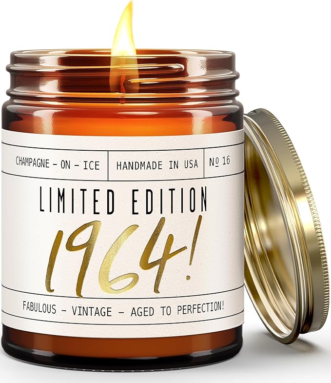 61st Birthday Gifts for Women - 'Limited Edition 1964' Soy Candle, w/Champagne on Ice I 61 Birthday Gifts for Women I 61st Gift for Her Ideas I 9oz Reusable Jar, 50Hr Burn, Made in USA