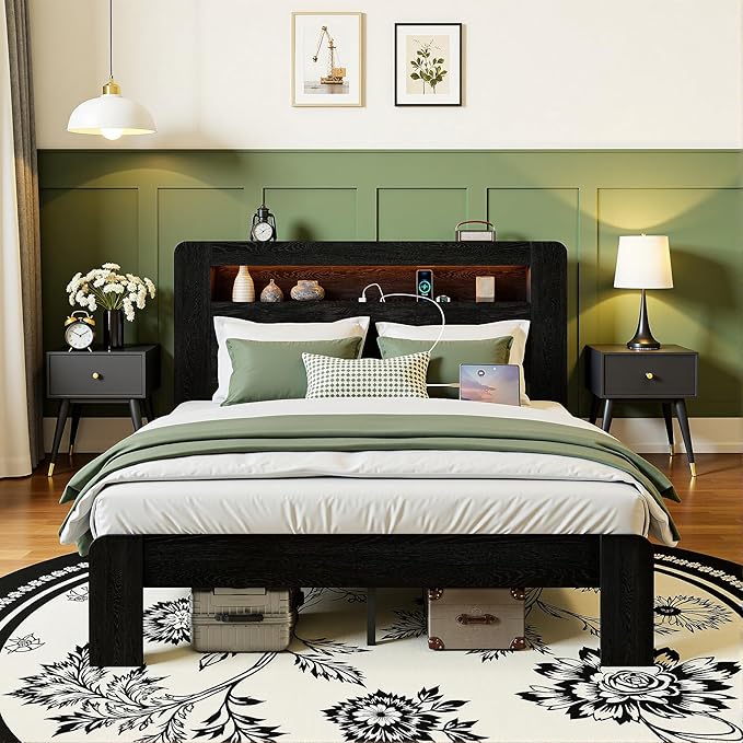 King Bed Frame with Headboard, Wooden Platform Bed Frame King Size with Bookcase Shelf, LED Lights, Charging Station, Heavy Duty Supports, No Box Spring Needed,Dark Black
