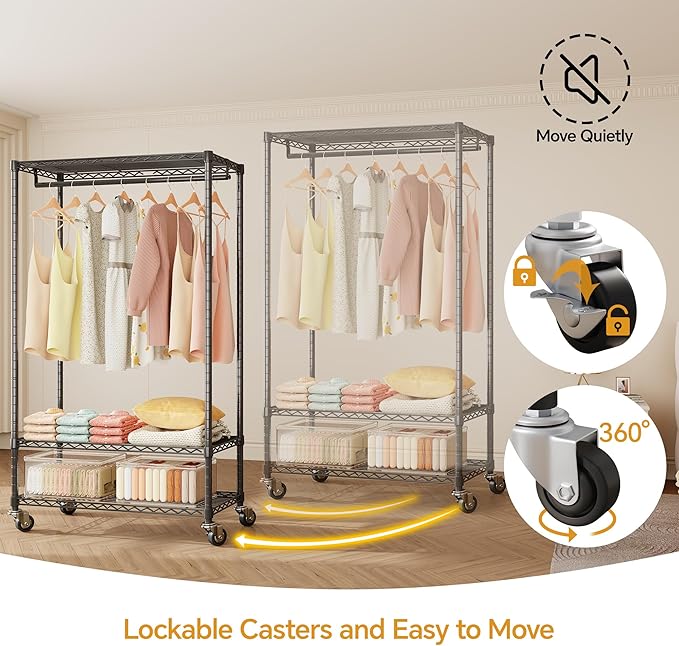 H4 Clothing Rack with Cover, Rolling Heavy Duty Clothes Rack, Garment Rack on Wheels, Portable Closet for Hanging Clothes, Black Clost Rack with Black Fabric Cover, Max Load 380LBS