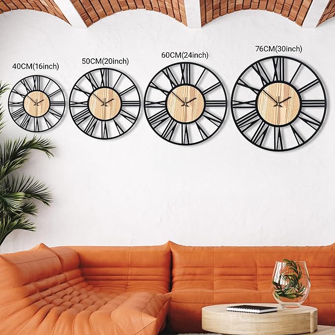 20inch/50cm Large Wall Clocks for Living Room Decor,Bedroom,Battery Operated,Metal,Decorative,Analog,Silent,Non Ticking Big Wall Clock(Wooden Roman Numerals, 20 inches)