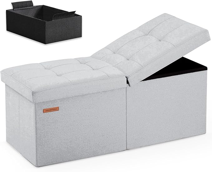HAUSFRAU 31.5 Inches Ottoman with Storage Bench, Folding Ottoman Bench Small Foot Rest Stool, Bedroom Bench with Flipping Lid, Linen Silver