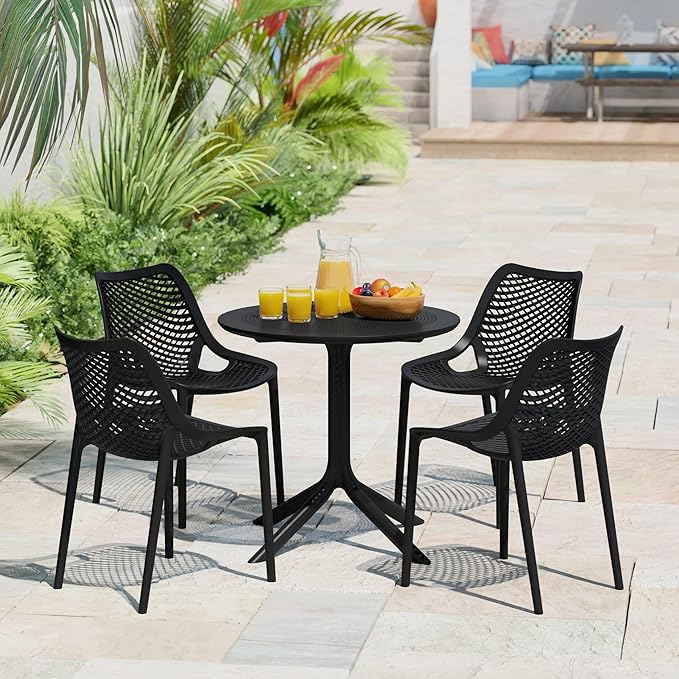 Costaelm Small Patio Table, Outdoor Round Dining Table, Weather Resistant Outside Table for Poolside Deck Lawn Garden Backyard, Black