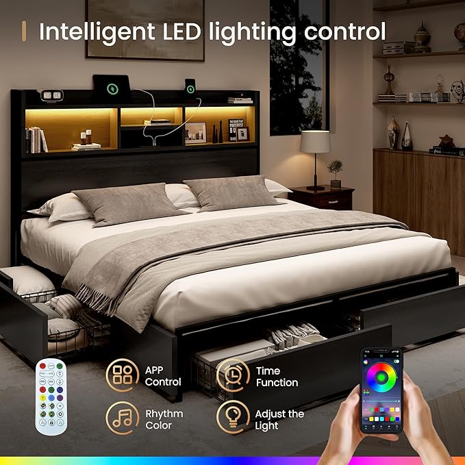 King Storage Bed Frame with 6 Drawers, USB Charging Station, No Noise, No Box Spring Required, Vintage Black Headboard Platform Bed