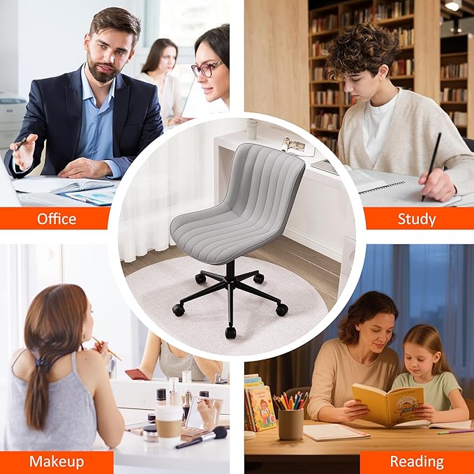 Kidol & Shellder Grey Leather Home Office Desk Chair with Wheels Modern Cute Armless Executive Swivel Vanity Chair with Comfy Padded Back Ergonomic Rolling Adjustable Computer Task Chair Small