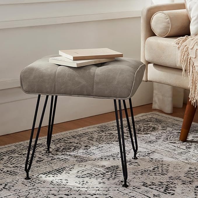 PU Leather Vanity Stools, Vanity Stool Chairs for Makeup Faux Leather Foot Stools Ottoman with Metal Leg Make up Chairs for Vanity Small Bench Seat for Living Room Bedroom (Gray)