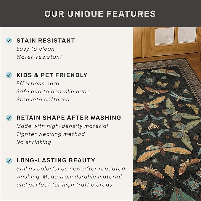 Washable 5x7 Black Rug for Living Room - Foyer Rugs for Entryway, Bedroom, Home Office, Gothic Witchy Insect Bug Floral Retro Indoor Décor