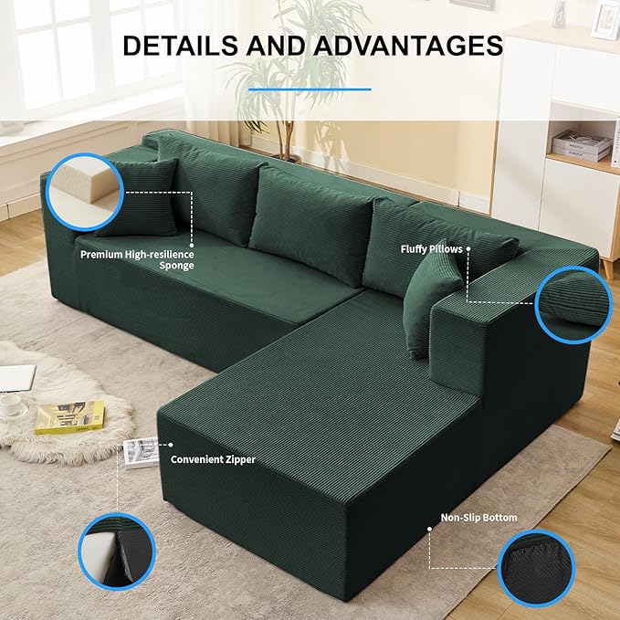 PUREMIND 106" Cloud Sectional Couch for Living Room, Corduroy L Shape Sofa with Deep Seat, Modern Green Couches Modular Boneless Foam Couch Corner Couches, No Assembly Required