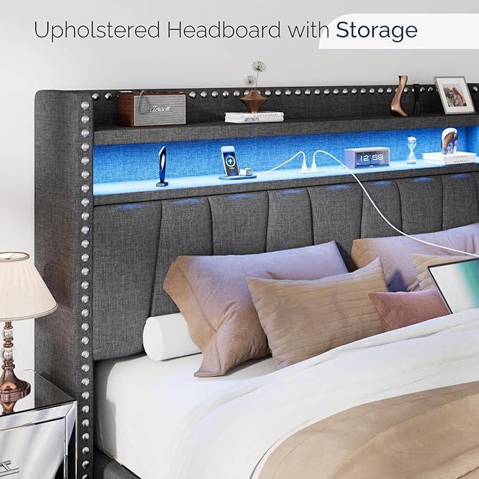 Queen Size Bed Frame with Storage Headboard and Drawers Modern Rivets Upholstered Bed Frame with LED Charging Station Queen Bedframe No Box Spring Needed