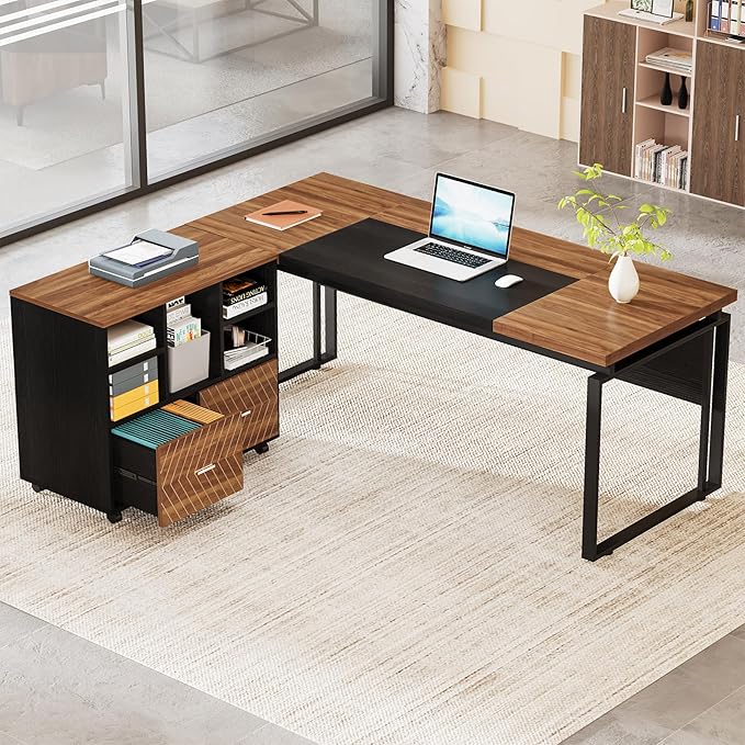 Tribesigns L-Shaped Executive Desk with Reversible File Cabinet, 63" Office Desk with Storage Drawers, L-Shaped Computer Desk with Drawer Cabinet for Hanging Letter Size Files (Walnut & Black)