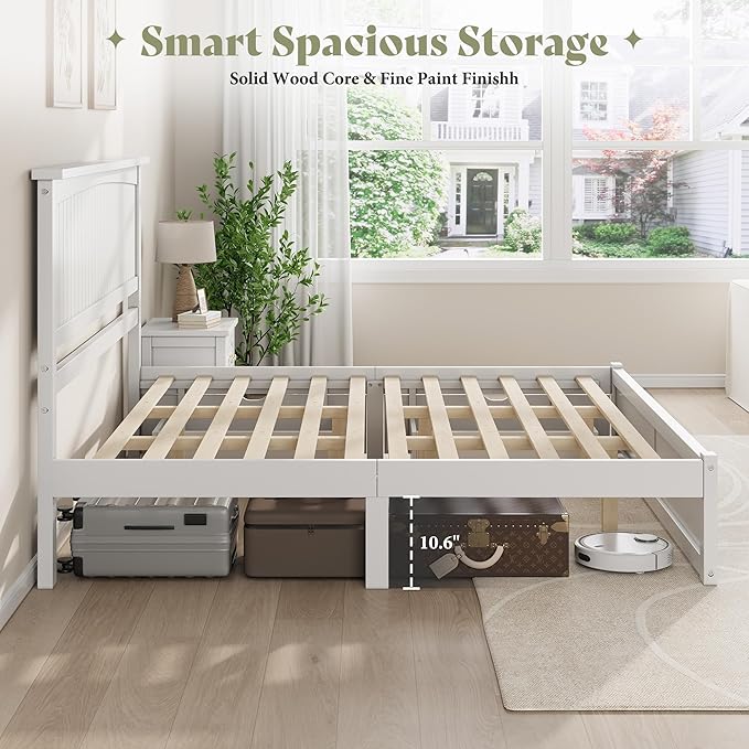 AMERLIFE Queen Size Solid Wood Bed Frame with 50" Tall Headboard, Mid-Century Modern Bed with Storage, Wooden Platform Bed with 2 Drawers, No Box Spring Needed, White