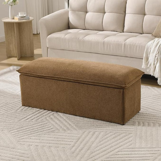 45.5 Inch Storage Ottoman Bench, Modern Upholstered Chenille End of Bed Bench with 2 Safety Hinge, Entryway Bench with Seating for Bedroom Living Room, Brown