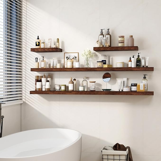 Fun Memories 66 Inch Fireplace Mantel Shelf with Invisible Bracket, 8 Inch Deep Floating Shelf for Living Room, Kitchen, Farmhouse, Brown