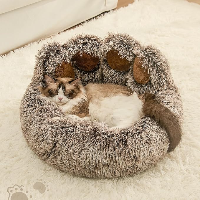 Jiupety Paw Shape Calming Pet Bed, Plush Faux Fur Donut Bed for Dogs & Cats, Machine Washable, Non-Slip Bottom, Medium (22"×22"×6"), Gray