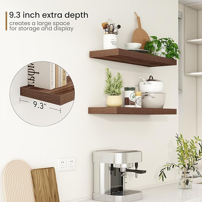 Fun Memories Floating Shelves 32 Inch Long, 9.3Inch Deep Floating Shelves for Wall, Extra Deeper & Thicker Wall Mounted Storage Shelf for Kitchen, Farmhouse, Walnut, 2 Pack