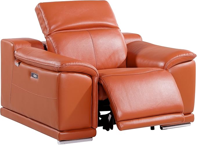 Blackjack Furniture Venice Top Grain Italian Leather Power Recliner Chair with Adjustable Headrest Modern Luxury Seating for Living Room Lounge, Camel