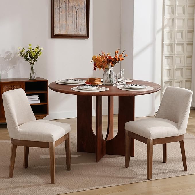 Modern Dining Chairs Set of 2 Comfortable Dining Room Chairs with Back, Linen Fabric Upholstered Kitchen Side Chairs with Natural Wood Legs for Living Room, Beige