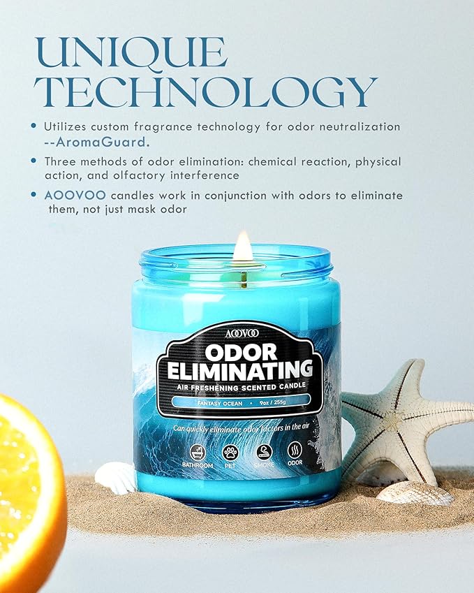 AOOVOO Ocean 2 Pack Odor Eliminating Highly Fragranced Candle - Eliminates 95% of Pet, Smoke, Food and Other Smells Quickly, Air Freshing Soy Candle, 18 oz Up to 100 Hours Burn time