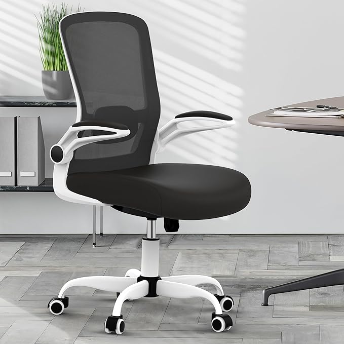 Mimoglad Ergonomic Office Chair - BIFMA Certified, Flip-up Armrests & 135° Recline, Adjustable Lumbar Support - Space-Saving Task Chair for Business/Team Office & Home (White Frame-Black, 300lbs)