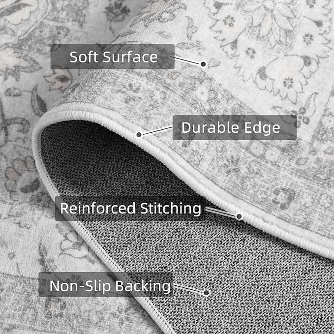 Neutral Area Rugs 8x10 for Living Room Vintage Rug Boho Floral Modern Washable Area Rug with Non-Slip Backing Large Carpet for Bedroom Dining Room Light Grey