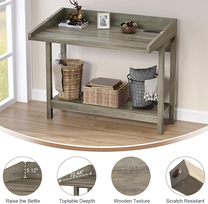 Console Table with Charging Station, 38” Narrow Side Foldable Sofa Table with Shelves, Side Table with Charging, Entryway Table with Anti-Tip Design,Rustic,Rustic Gray