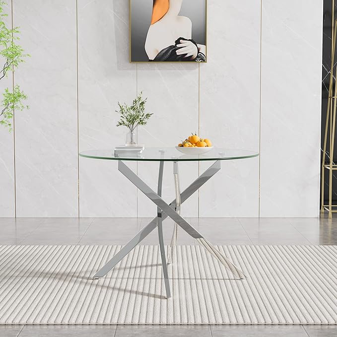 36" Round Glass Dining Room Table for 4 with Tempered Glass Top and Silver Chrome Metal Legs, Modern Clear Kitchen and Dinner Table for Home Office Dining Room