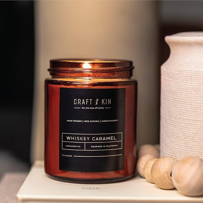 Craft & Kin Christmas Scented Candles for Men | Premium Whiskey Caramel Winter Candle | All-Natural Scent for Home | Long Lasting Holiday Candles with 45 Hour Burn Time, 8oz