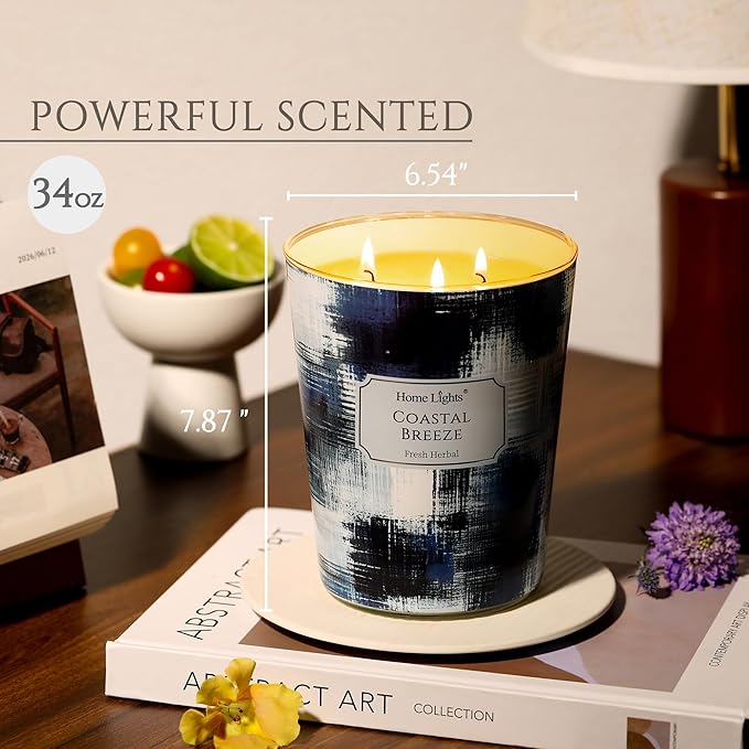 HomeLights Large jar Candle | 3-Wick Long-Lasting Scented Candles, 34oz Natural Soy Wax Candle for Home Scented, Scandinavian Minimalist Design Gifts for Women & Men, Coastal Breeze