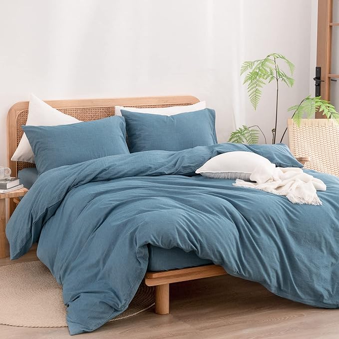 BESTOUCH Duvet Cover Set 100% Washed Cotton Linen Feel Super Soft Comfortable Chic Lightweight 3 PCs Home Bedding Set Solid Dark Blue Full/Double
