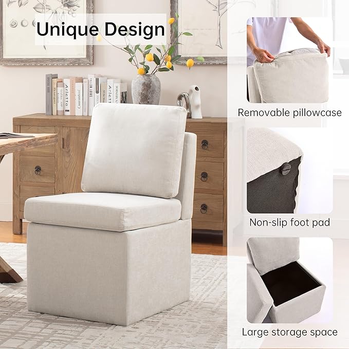 VKNOW Upholstered Dining Chairs, Modern Kitchen Chairs with Storage, Linen Armchair Dining Room Chairs for Kitchen Room (Beige, Set of 2)