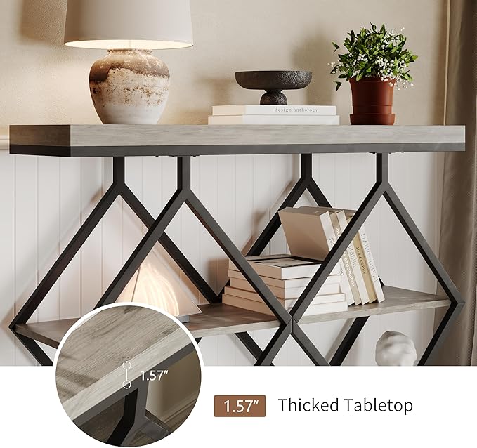 Garvee 3-Tier Entryway Table, Industrial Console Sofa Table with Storage, Accent Table with Open Shelves, Diamond-Shaped Metal Frame, Foyer Table for Entryway, Hallway, Gray