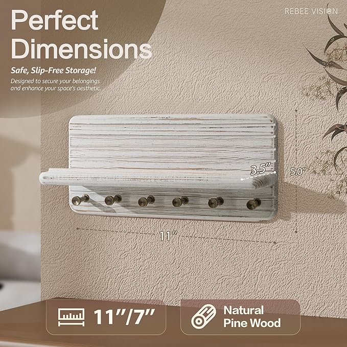 Rebee Vision Decorative Pine Wooden Key Holder Wall Mount for Apartment Essentials – Pine Wooden Key Holder for Wall with 6 Hooks & Floating Shelf – Modern Farmhouse House Decor (Whitewash)