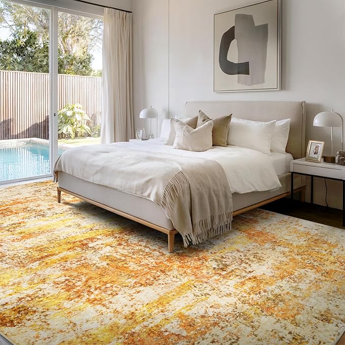 Washable Area Rugs for Living Room - 10x14 Abstract Modern Rug Neutral Soft Rug Stain Resistant Non-Shedding No Slip Low Pile Large Carpet for Bedroom Dining Room Nursery Home Office - Orange/Gold