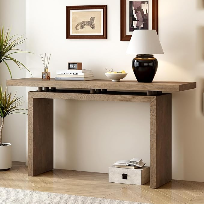 59" Modern Minimalist Console Table, Ash Veneer Entryway Table with Unique Floating-Top Design, Narrow Long Sofa Table for Hallway, Foyer & Living Room, Natural Wood Finish