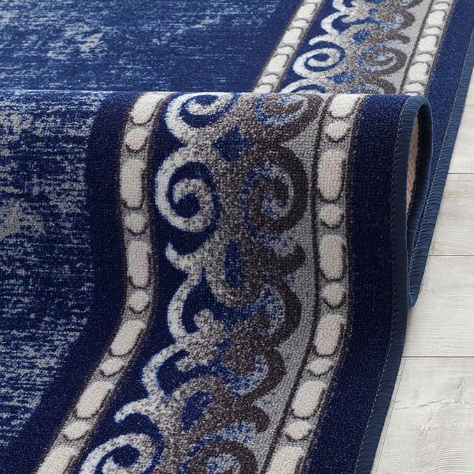Antep Rugs Alfombras Bordered Modern 4x6 Non-Slip (Non-Skid) Low Pile Rubber Backing Indoor Area Rug (Navy, 4' x 5'8")