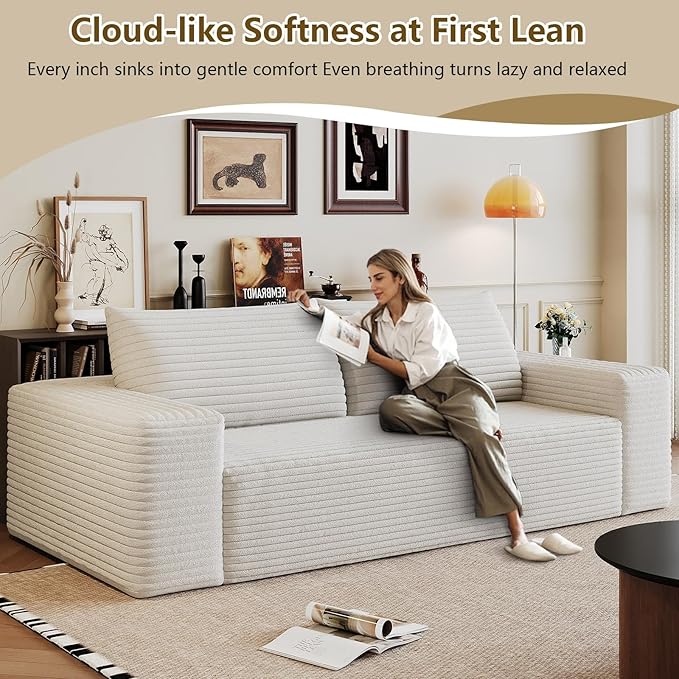 63" Boneless Loveseat Sofa - Cloud Couch with Memory Foam, Comfy Deep Seat - Corduroy Floor Sofa, No Assembly Required - Small Space Friendly for Living Room, Bedroom, Apartment, White