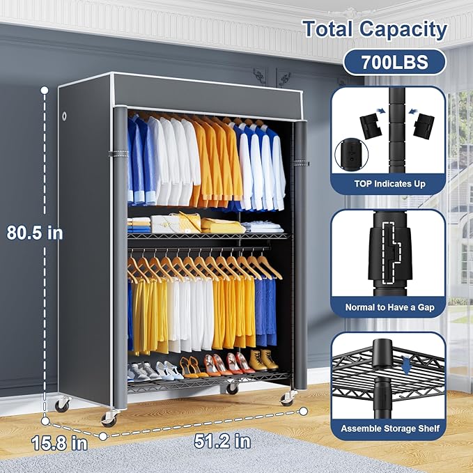 P8C Heavy Duty Clothes Rack（With Extended Width Design） Rolling Clothing Racks for Hanging Clothes with Lockable Wheels，51.2" W x 15.8" D x 80.5" H，Max Load 700LBS，Black Rack with Grey Cover