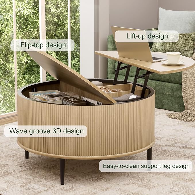 Yechen Round Coffee Table with Storage, 31.5" Flip-top Fluted Center Table, Midcentury Modern Lift Top Curved Table for Living Room,Natural
