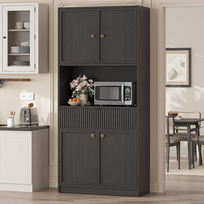 Garvee Tall Kitchen Pantry Cabinet, 70" Pantry Storage Cabinet with Countertop, Fluted Kitchen Hutch Cabinets with Doors and Drawer, Freestanding Cupboard for Dining Room, Living Room, Black