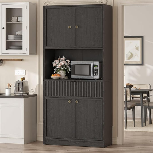 Garvee Tall Kitchen Pantry Cabinet, 70" Pantry Storage Cabinet with Countertop, Fluted Kitchen Hutch Cabinets with Doors and Drawer, Freestanding Cupboard for Dining Room, Living Room, Black