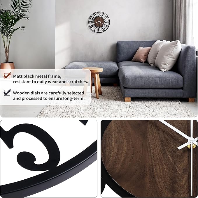 Maxstar Wall Clock Battery Operated,Silent Non-Ticking Modern Rustic Metal Round Clocks Small for Living Room/Bedroom/Office/Kitchen/Farmhouse Home Decor-10 Inch(Brown-Wood)