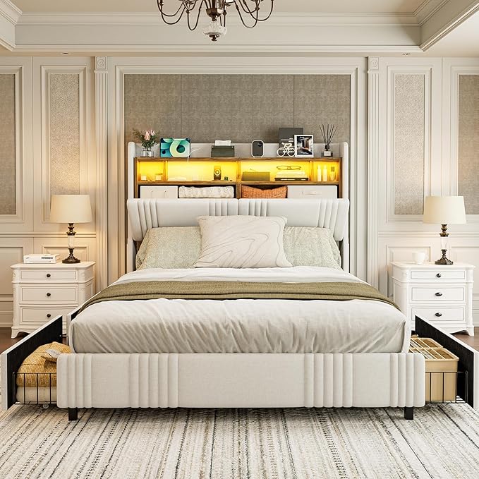 IKIFLY Queen Bed Frame with Hidden Storage Headboard & 4 Drawers, 49.2” Tall Upholstered Wingback Headboard with LED Lights and Charging Station, No Box Spring Needed, Solid Wood Slats, White