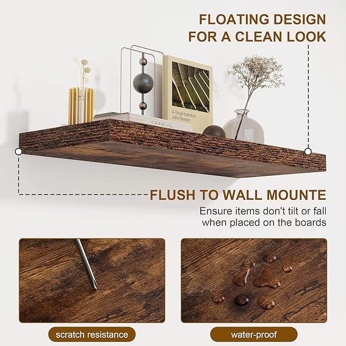Floating Shelves for Wall, 27.5 Inch Bathroom Shelves Set of 2, Rustic Wood Wall Shelf with Invisible Brackets for Books|Storage|Decor, 8 Inch Deep Floating Shelf for Bedroom|Kitchen, Rustic Brown