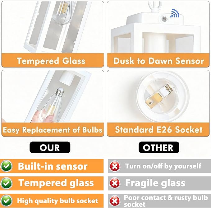 Outdoor Pendant Light Dusk to Dawn, 11'' Porch lights Outdoor Chandelier Hanging Ceiling Lights, White Aluminum Lightshade with Tempered Glass, Exterior Lighting Fixture for Porch Yard, Gazebo, 1 Pack