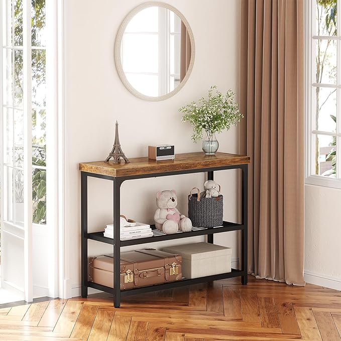 32" Small Console Table with Storage, Narrow Entryway Table, Sofa Table for Living Room, Sturdy 3-Tier Console Tables for Living Room, Hallway, Foyer & Bedroom, Rustic Brown