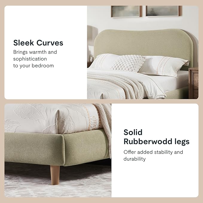 FlexiSpot Queen Size Linen Bed Frame, Upholstered Cloud Platform Bed with Adjustable Headboard, Plush Padding, Solid Wood Legs, Bonus LED Wall Light Included, No Box Spring Needed, Easy Assembly, Sage