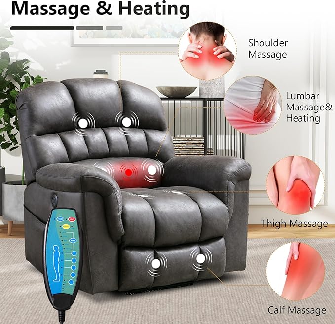 Large Power Lift Recliner Chair with Massage and Heat for Elderly, Faux Leather Electric Lifting Recliners with USB Port, Overstuffed Wide Reclining Sofa Chairs for Living Room, Grey