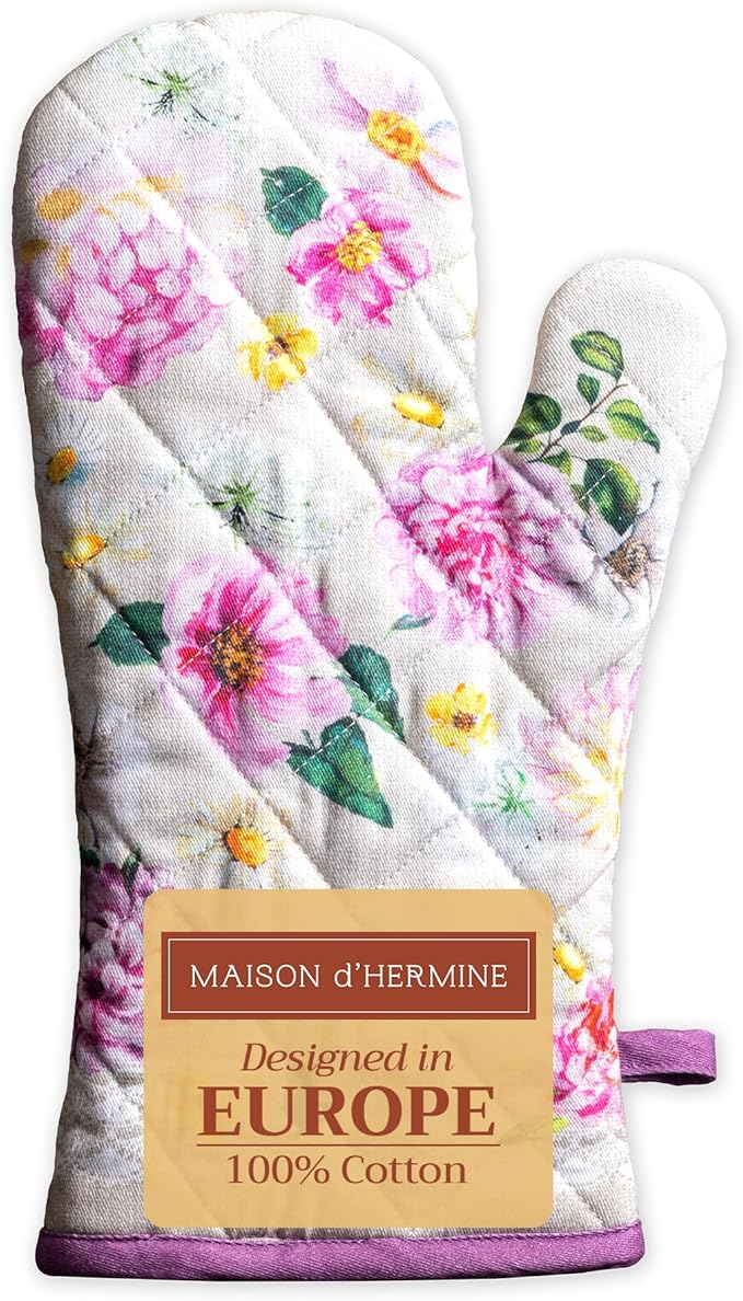 Maison d' Hermine Oven Gloves 100% Cotton Oven Mitt 7" x 13" with Loop Heat Resistant, BBQ, Cooking Gloves, Baking, Grilling, Kitchen, Handling Hot Pans Spring/Summer (Pack of 1, Pivoine)
