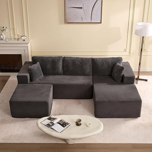 107" Boneless Couch with Deep Seat, Modular Sectional Sofa, Cloud Sectional Couch for Living Room, No Assembly Required, Corduroy, U-Shape 3 Seater Right, Gray