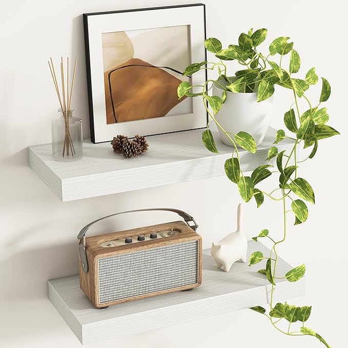 Fun Memories Deep Floating Shelves - 16" W x 9.3" D x 1.6" H Rustic White Wall Shelf - Wall Mounted Shelves for Storage - Wooden Shelves with Invisible Brackets for Living Room, Farmhouse - Set of 2