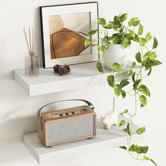 Fun Memories Deep Floating Shelves - 16" W x 9.3" D x 1.6" H Rustic White Wall Shelf - Wall Mounted Shelves for Storage - Wooden Shelves with Invisible Brackets for Living Room, Farmhouse - Set of 2